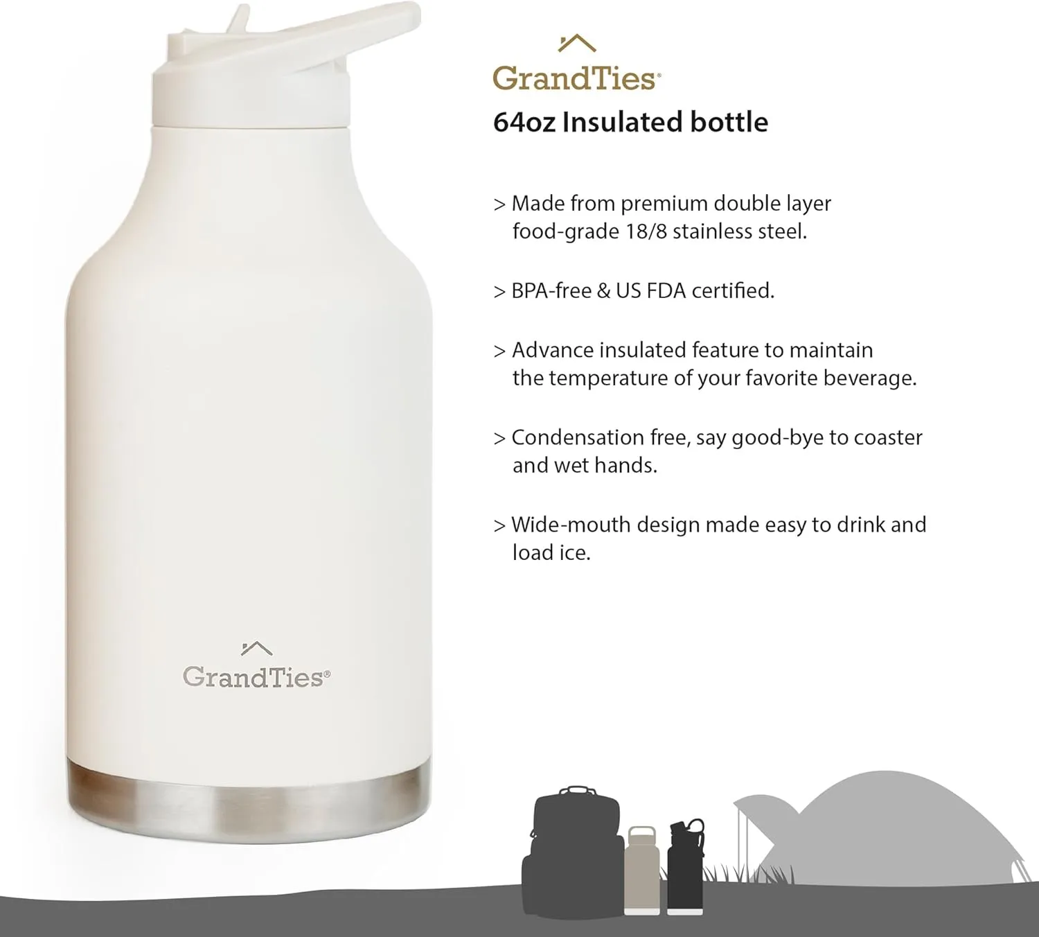 GRANDTIES 2 Lids Sports Stainless Steel Water Bottles – Wide Mouth Vacuum Insulated Reusable Leak Proof BPA-Free Travel Metal Canteen, Thermos Bottles for Men Women Gym (Ivory White 64 oz)
