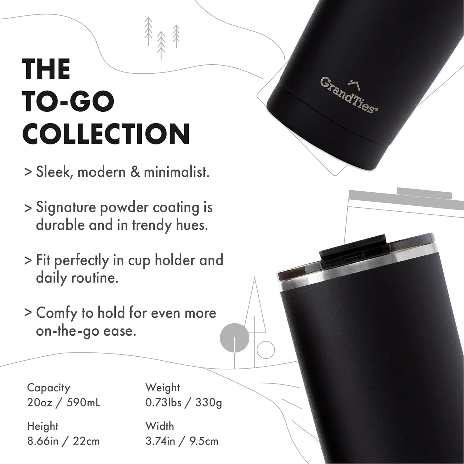 GRANDTIES Insulated Coffee Tumbler Cup w/Tritan Lid | Leak Proof, Reusable, Double Walled Vacuum Stainless Steel Water Bottle Travel Mug | Thermal Cups for Hot and Cold Drinks | 20oz | Midnight Black