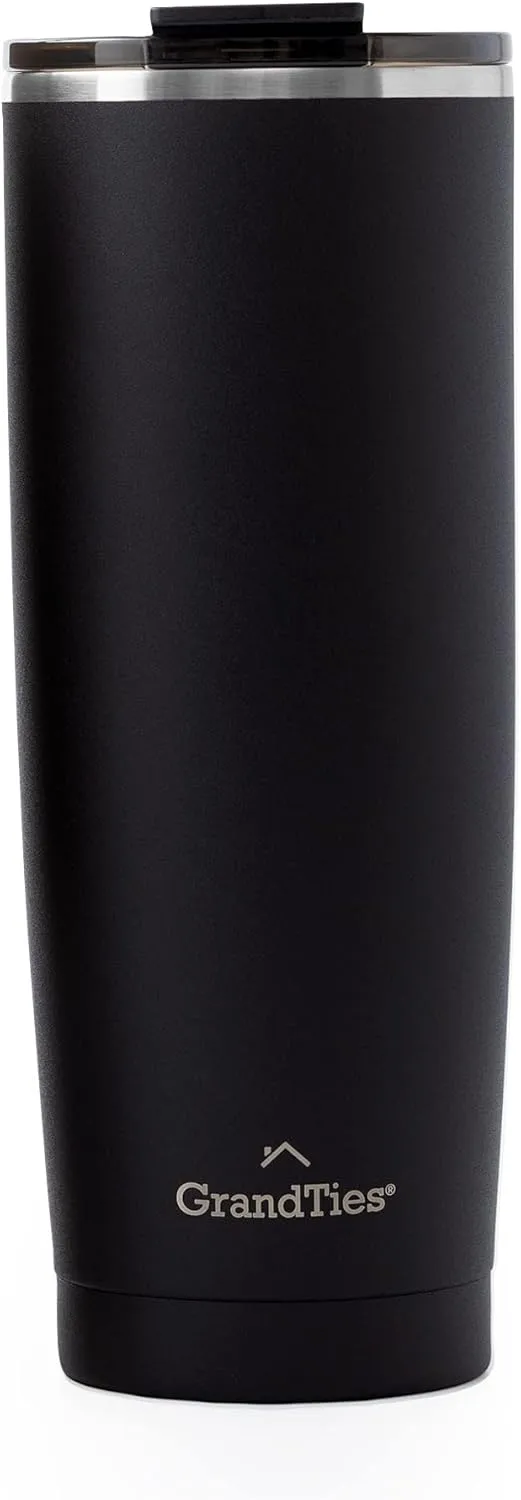 GRANDTIES Insulated Coffee Tumbler Cup w/Tritan Lid | Leak Proof, Reusable, Double Walled Vacuum Stainless Steel Water Bottle Travel Mug | Thermal Cups for Hot and Cold Drinks | 20oz | Midnight Black