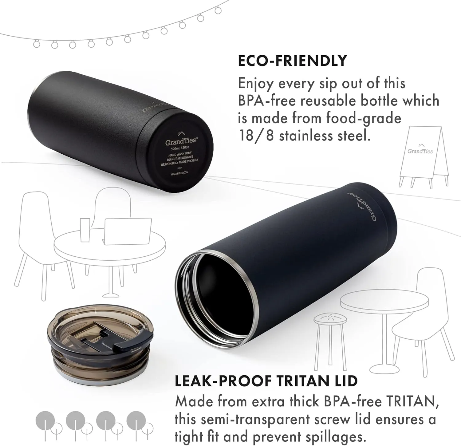 GRANDTIES Insulated Coffee Tumbler Cup w/Tritan Lid | Leak Proof, Reusable, Double Walled Vacuum Stainless Steel Water Bottle Travel Mug | Thermal Cups for Hot and Cold Drinks | 20oz | Midnight Black