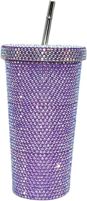 Grebest Customized Thermal Cup for Women Brilliant Rhinestones Drinkware Stainless Steel Insulated Tumbler with Lid Straw Sparkling Water Bottle Purple 500ML