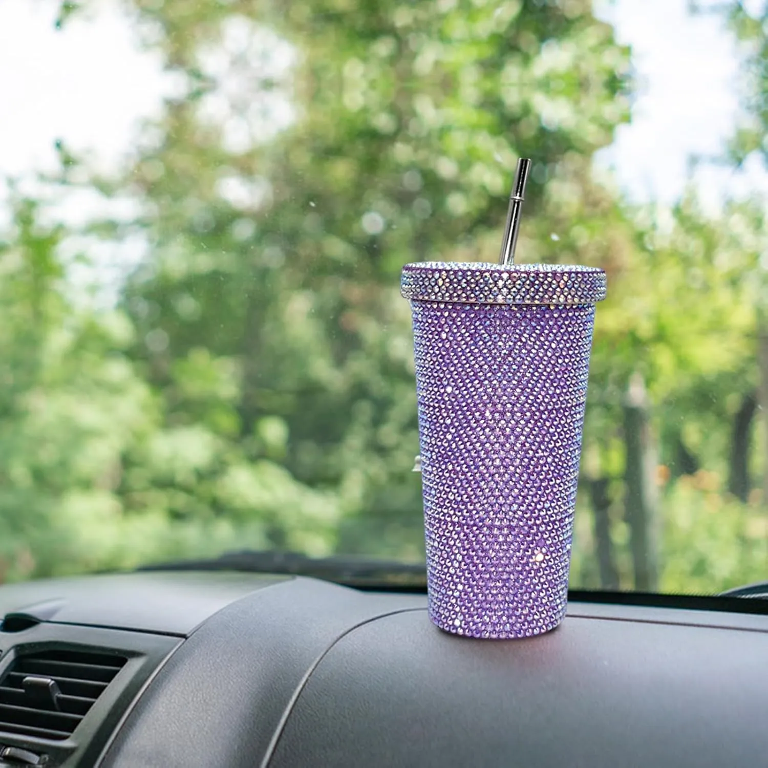 Grebest Customized Thermal Cup for Women Brilliant Rhinestones Drinkware Stainless Steel Insulated Tumbler with Lid Straw Sparkling Water Bottle Purple 500ML