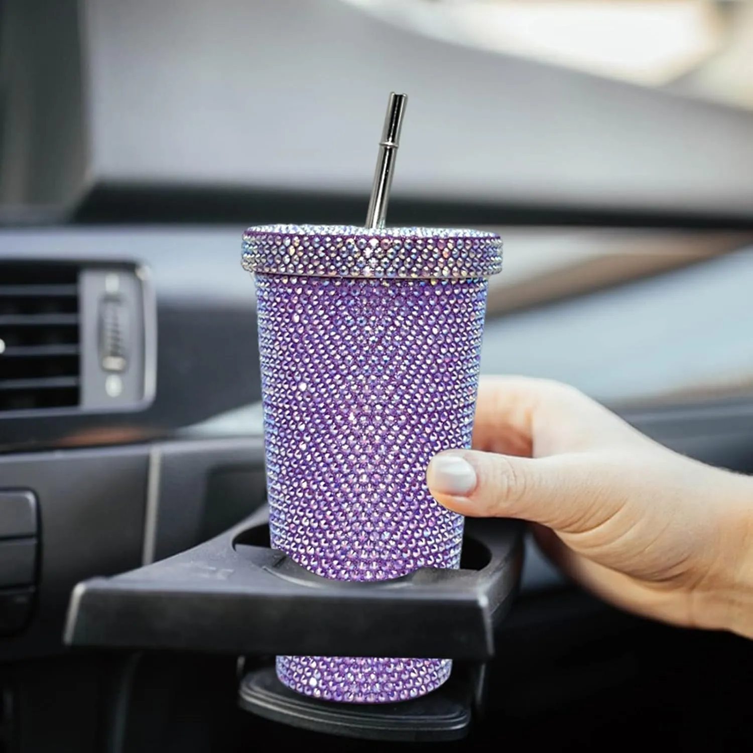 Grebest Customized Thermal Cup for Women Brilliant Rhinestones Drinkware Stainless Steel Insulated Tumbler with Lid Straw Sparkling Water Bottle Purple 500ML