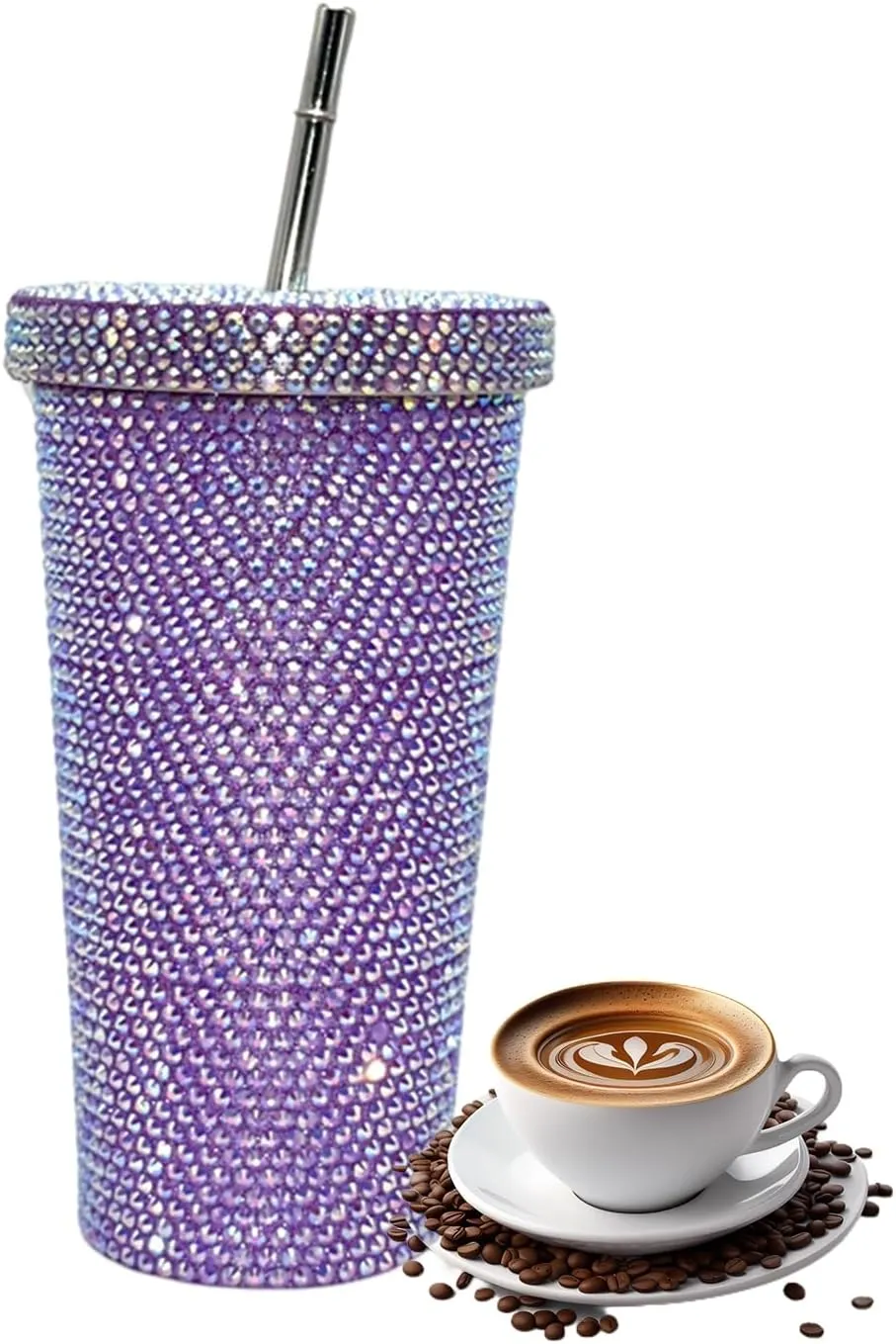Grebest Customized Thermal Cup for Women Brilliant Rhinestones Drinkware Stainless Steel Insulated Tumbler with Lid Straw Sparkling Water Bottle Purple 500ML