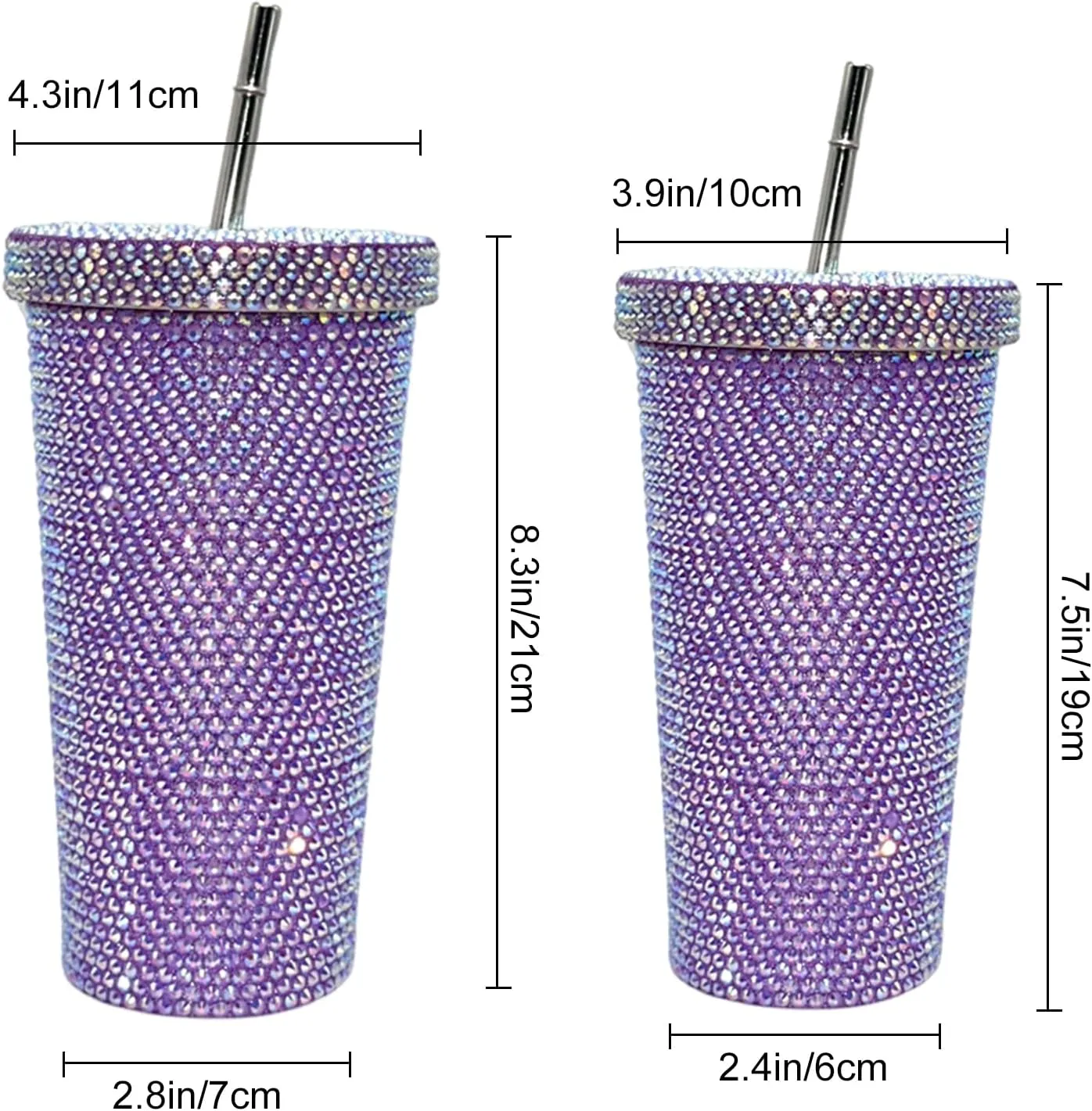 Grebest Customized Thermal Cup for Women Brilliant Rhinestones Drinkware Stainless Steel Insulated Tumbler with Lid Straw Sparkling Water Bottle Purple 500ML