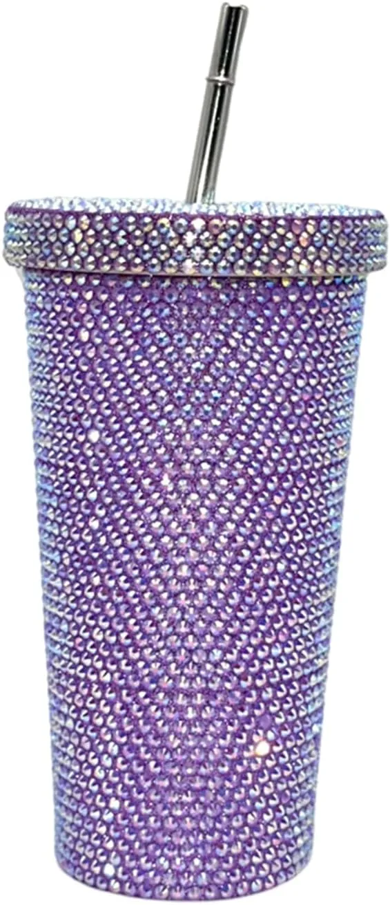 Grebest Customized Thermal Cup for Women Brilliant Rhinestones Drinkware Stainless Steel Insulated Tumbler with Lid Straw Sparkling Water Bottle Purple 500ML