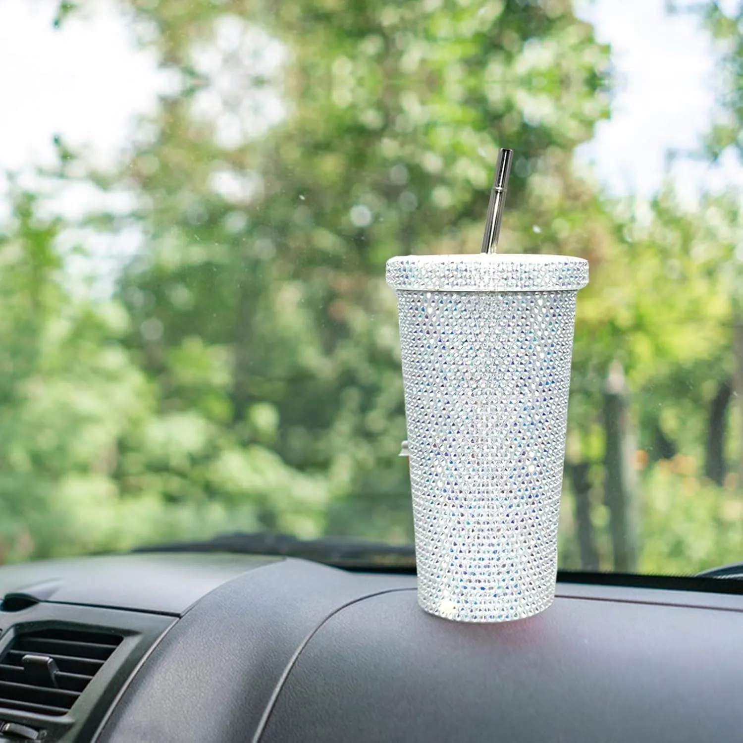 Grebest Customized Thermal Cup for Women Brilliant Rhinestones Drinkware Stainless Steel Insulated Tumbler with Lid Straw Sparkling Water Bottle White 500ML