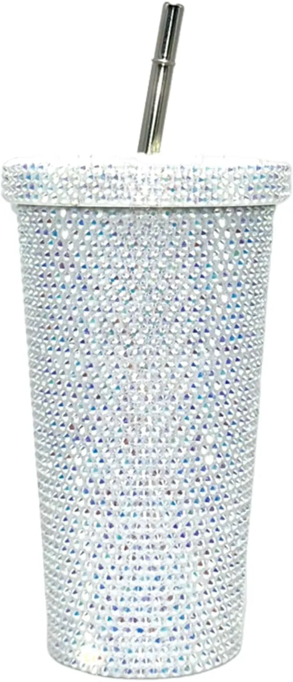 Grebest Customized Thermal Cup for Women Brilliant Rhinestones Drinkware Stainless Steel Insulated Tumbler with Lid Straw Sparkling Water Bottle White 500ML