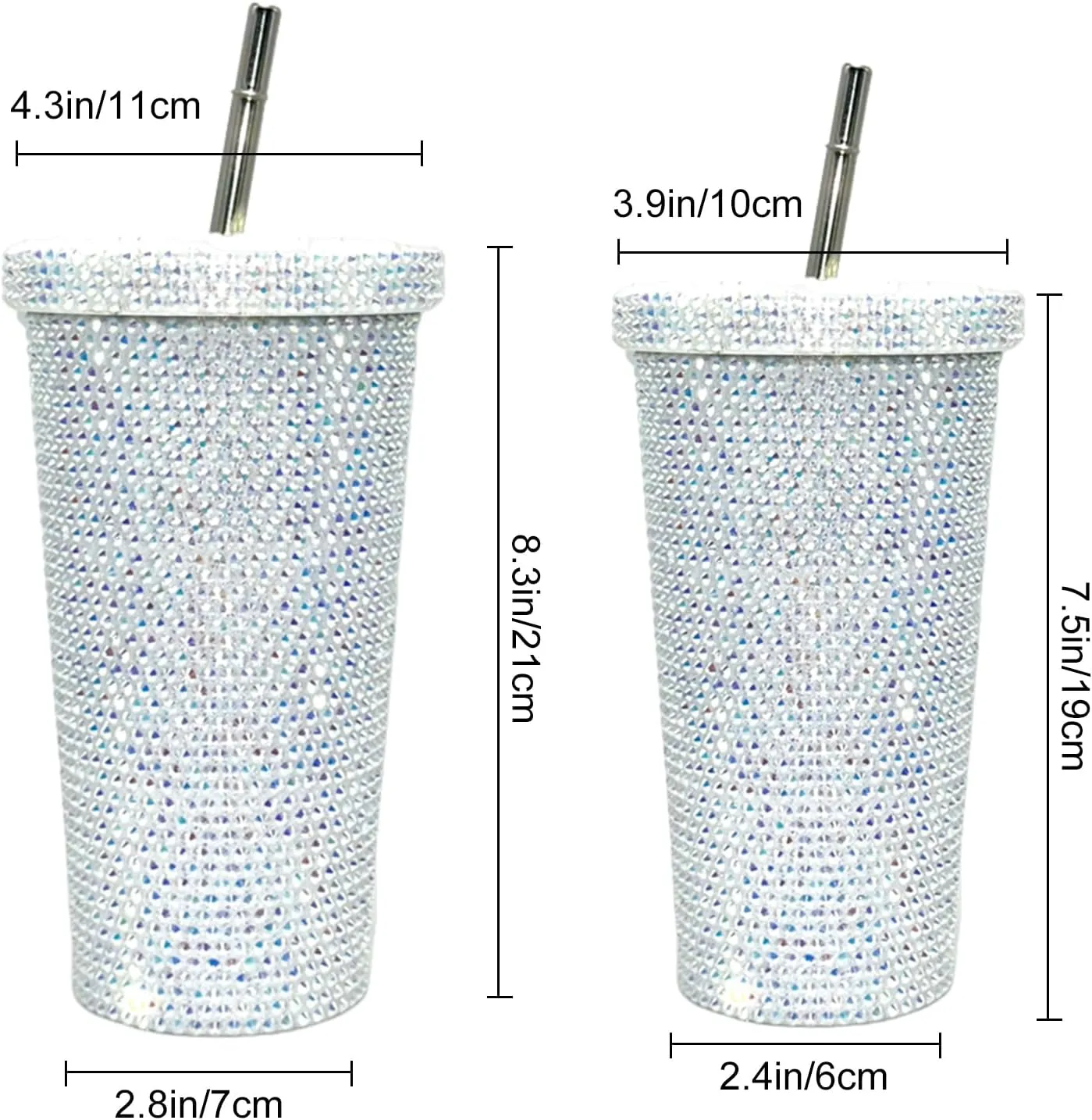 Grebest Customized Thermal Cup for Women Brilliant Rhinestones Drinkware Stainless Steel Insulated Tumbler with Lid Straw Sparkling Water Bottle White 500ML