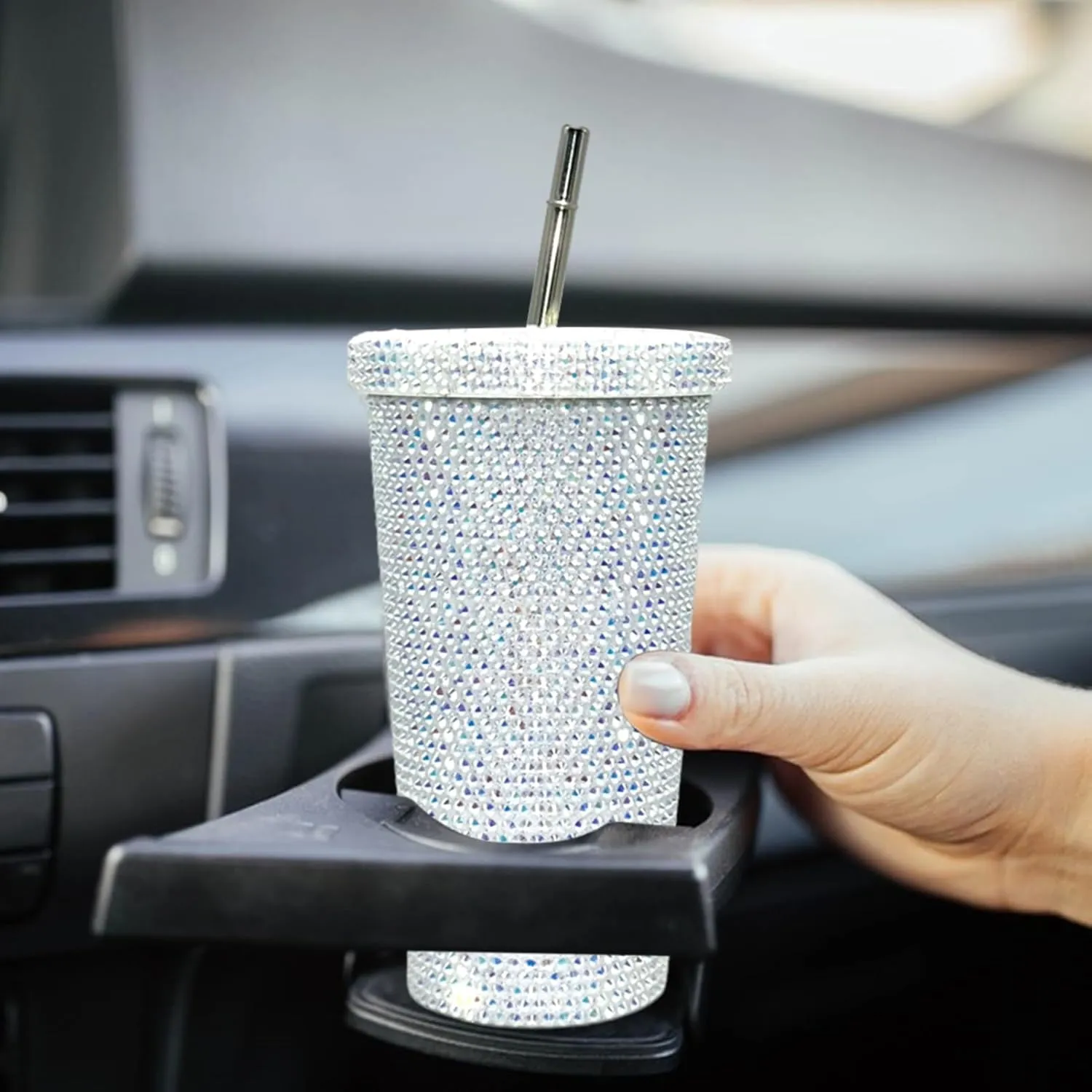 Grebest Customized Thermal Cup for Women Brilliant Rhinestones Drinkware Stainless Steel Insulated Tumbler with Lid Straw Sparkling Water Bottle White 500ML