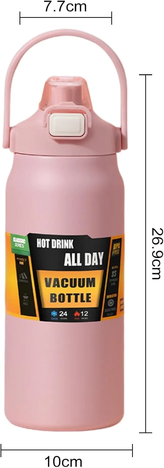 Grebest Leak-Free Vacuum Cup Double-Layer Portable Stainless Steel Thermal with Straw Insulated Sport Water Bottle for Travel Sports Outdoor Activities Large Pink 1000ML