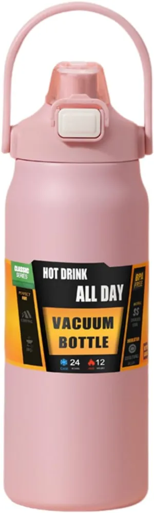 Grebest Leak-Free Vacuum Cup Double-Layer Portable Stainless Steel Thermal with Straw Insulated Sport Water Bottle for Travel Sports Outdoor Activities Large Pink 1000ML