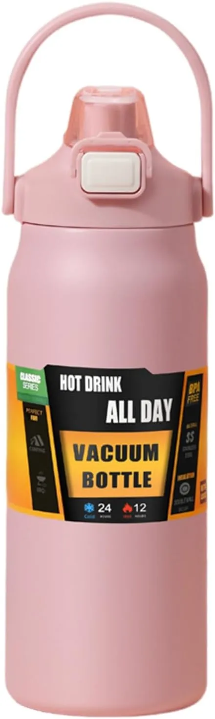 Grebest Leak-Free Vacuum Cup Double-Layer Portable Stainless Steel Thermal with Straw Insulated Sport Water Bottle for Travel Sports Outdoor Activities Large Pink 1000ML