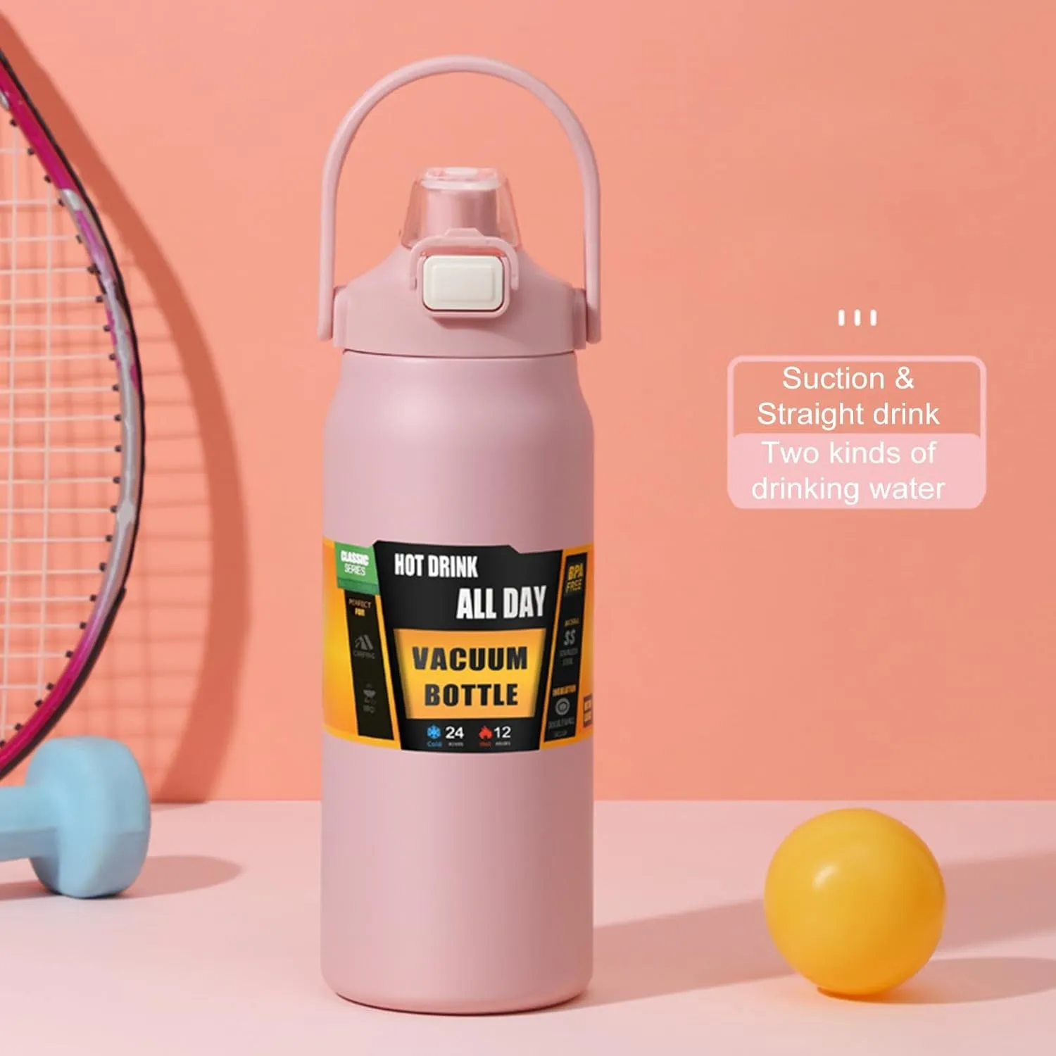 Grebest Leak-Free Vacuum Cup Double-Layer Portable Stainless Steel Thermal with Straw Insulated Sport Water Bottle for Travel Sports Outdoor Activities Large Pink 1000ML