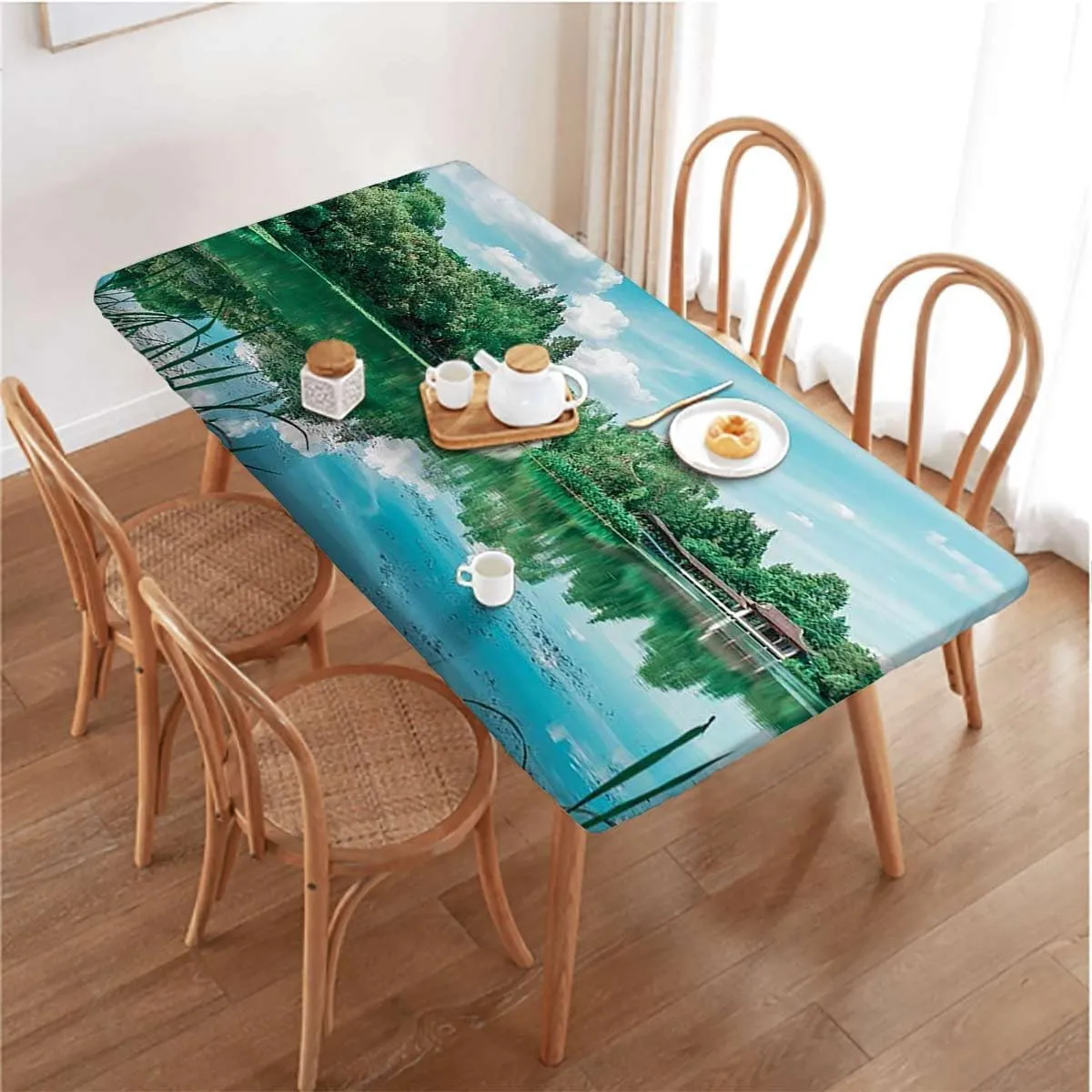 Green Brown Elastic Fitted Tablecloths, Lake Natural Mountains Landscape Picnic Table Tablecloth Covers Set for Picnics Indoor and Outdoor Dining Natural Fits up 5 Foot Tables