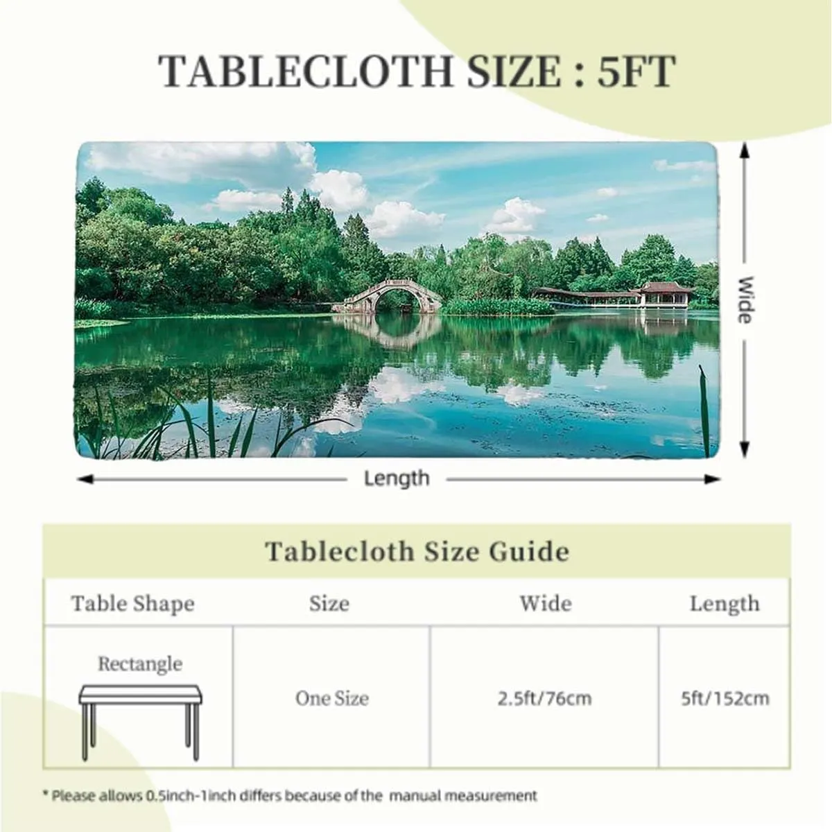 Green Brown Elastic Fitted Tablecloths, Lake Natural Mountains Landscape Picnic Table Tablecloth Covers Set for Picnics Indoor and Outdoor Dining Natural Fits up 5 Foot Tables