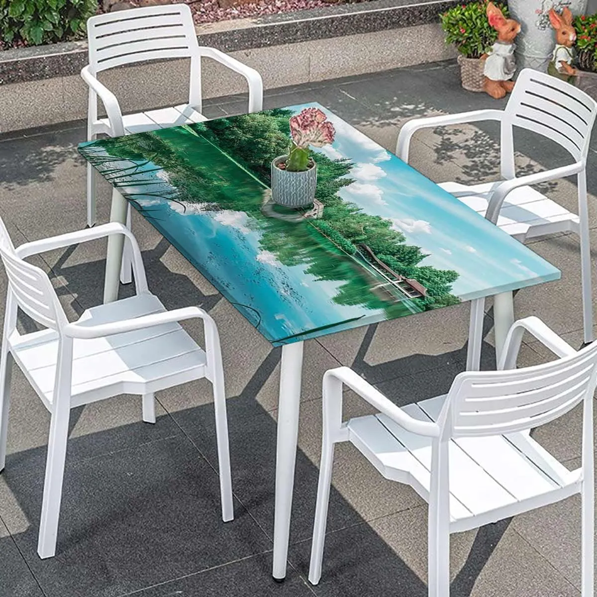 Green Brown Elastic Fitted Tablecloths, Lake Natural Mountains Landscape Picnic Table Tablecloth Covers Set for Picnics Indoor and Outdoor Dining Natural Fits up 5 Foot Tables