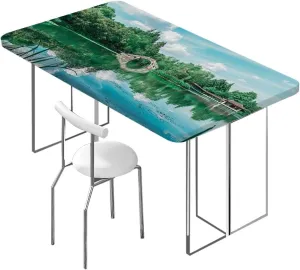 Green Brown Elastic Fitted Tablecloths, Lake Natural Mountains Landscape Picnic Table Tablecloth Covers Set for Picnics Indoor and Outdoor Dining Natural Fits up 5 Foot Tables