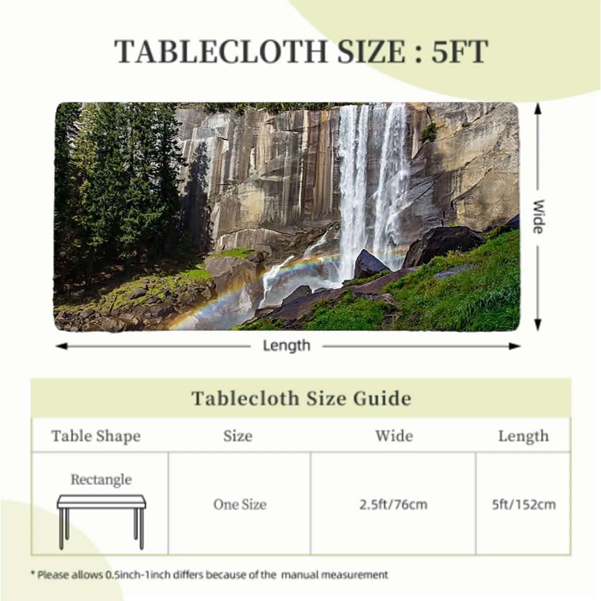 Green Tablecloth Fitted Rectangle Park Alpine Forest Natural Scenic Rectangle Table Cloth Reusable Table Cover for Picnic Dining Decoration Farm House Decor Fits up 5 Foot Tables