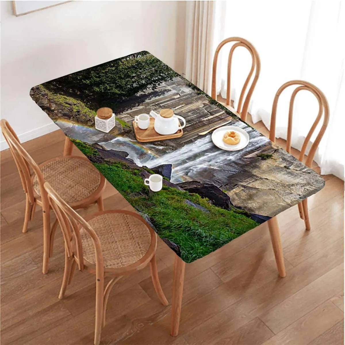 Green Tablecloth Fitted Rectangle Park Alpine Forest Natural Scenic Rectangle Table Cloth Reusable Table Cover for Picnic Dining Decoration Farm House Decor Fits up 5 Foot Tables