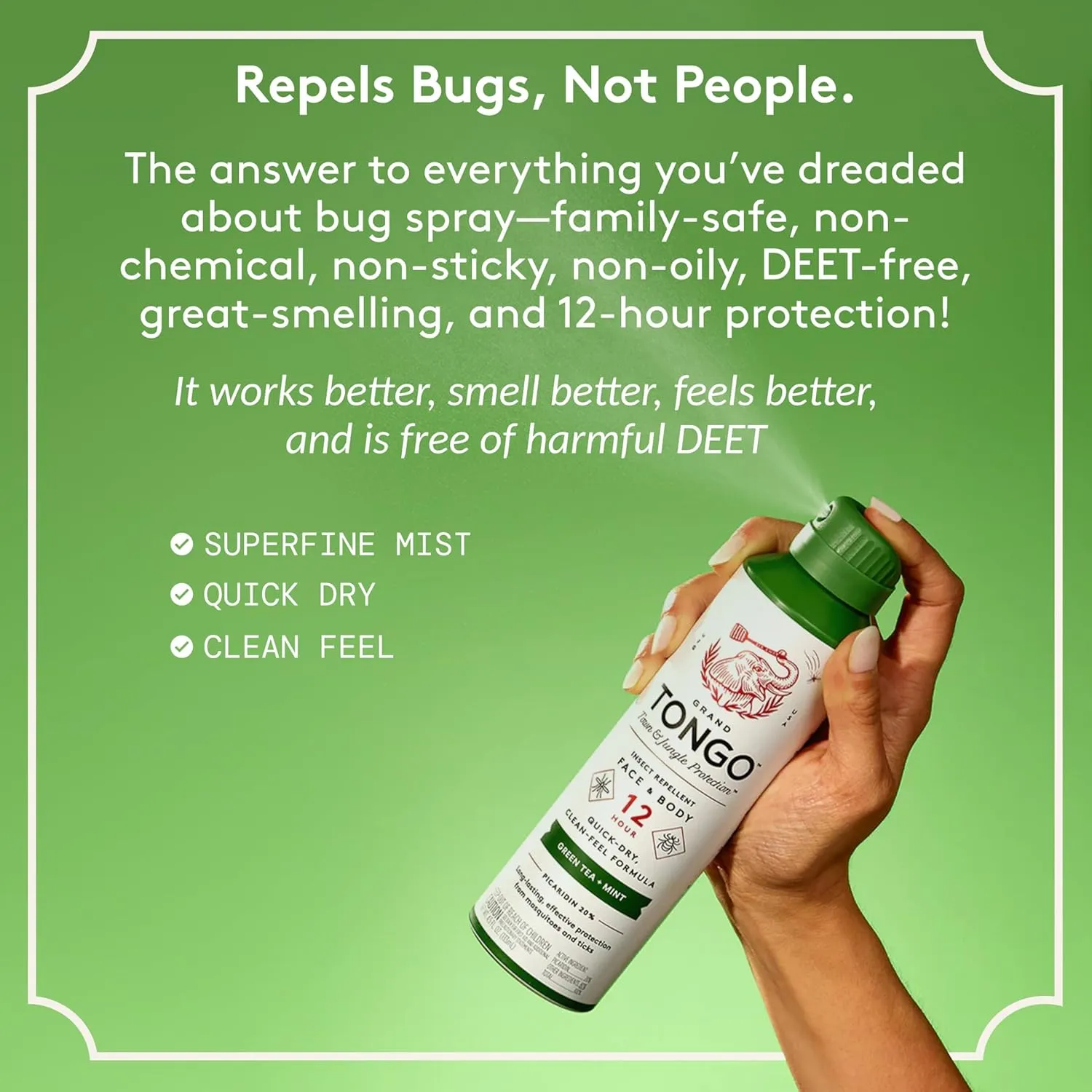 Green Tea   Mint Insect Repellent, 12-Hour Mosquito & Tick Protection, Picaridin-Based, Water-Based, Lightweight, Quick-Drying, Vanishing Scent, DEET Alternative, Face & Body Use, 3 Pack