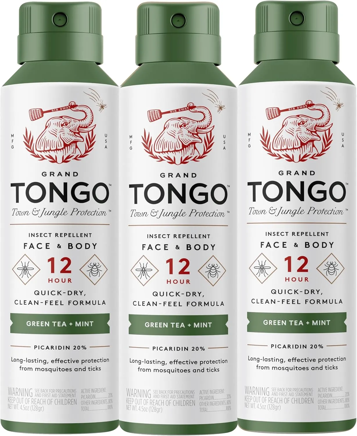 Green Tea   Mint Insect Repellent, 12-Hour Mosquito & Tick Protection, Picaridin-Based, Water-Based, Lightweight, Quick-Drying, Vanishing Scent, DEET Alternative, Face & Body Use, 3 Pack