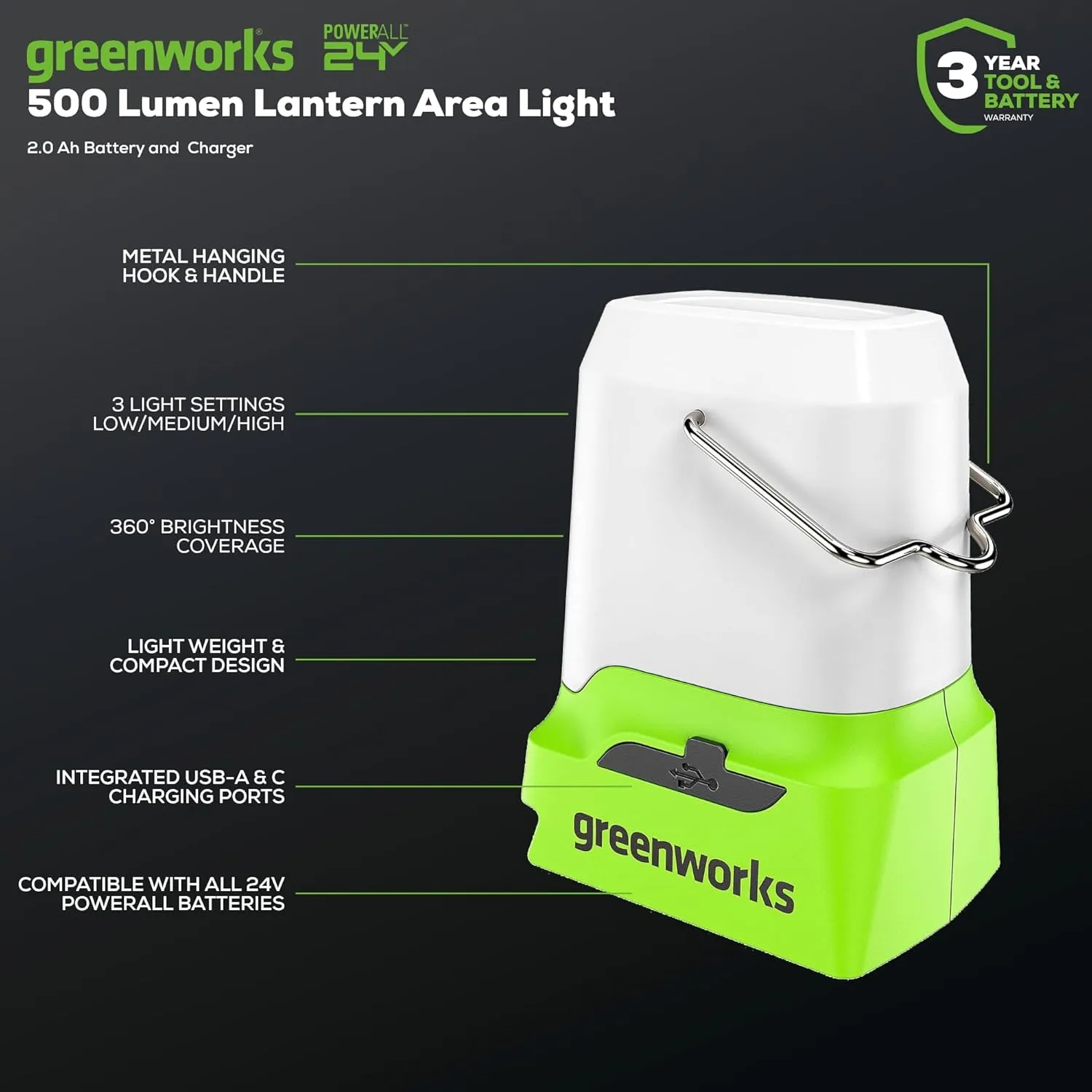Greenworks 24V Lantern Cordless 500lm Camping Light Kit with USB-A and USB-C Port, 2Ah Battery and Charger Included