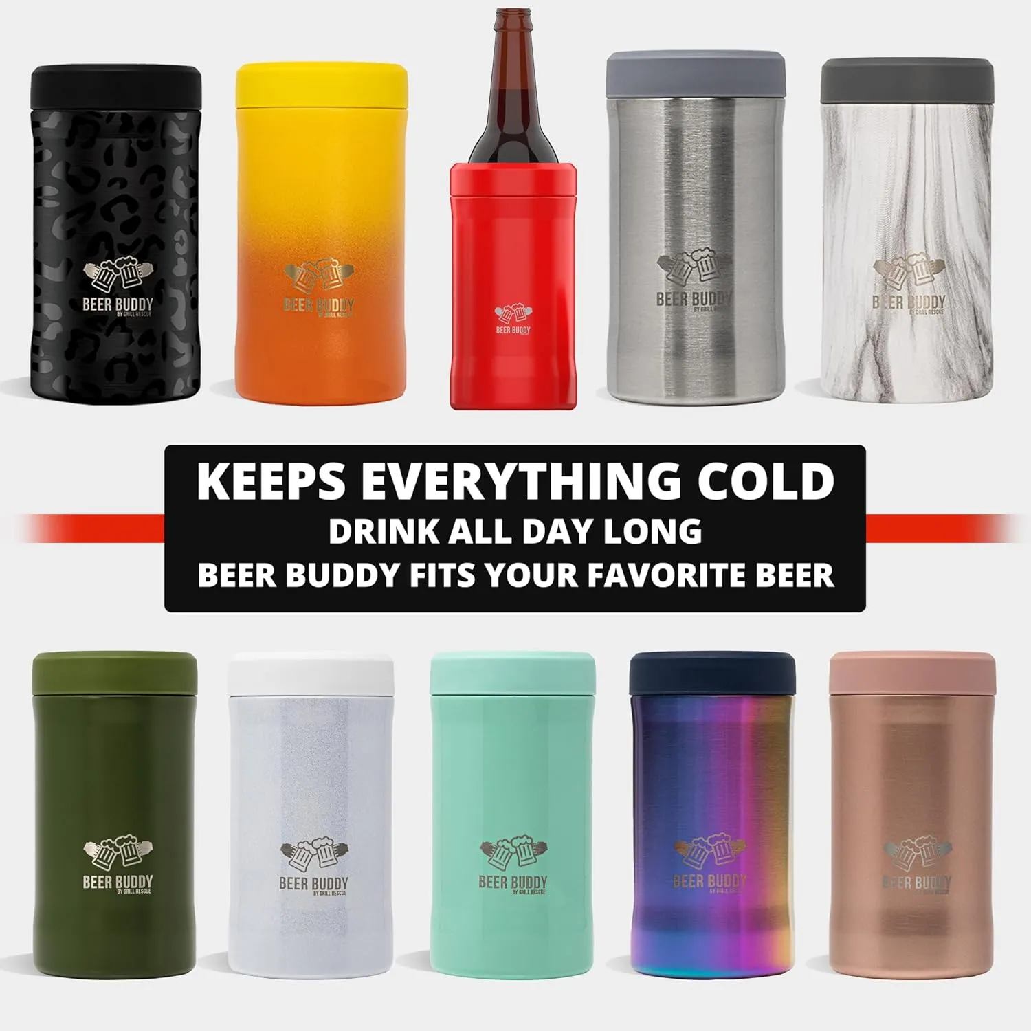 Grill Rescue Insulated Drink Buddy Can Holder – Vacuum-Sealed Stainless Steel for 12oz regular or slim cans & bottles - Double Walled Beverage Insulator for Hard Seltzer and More (Matte Black)