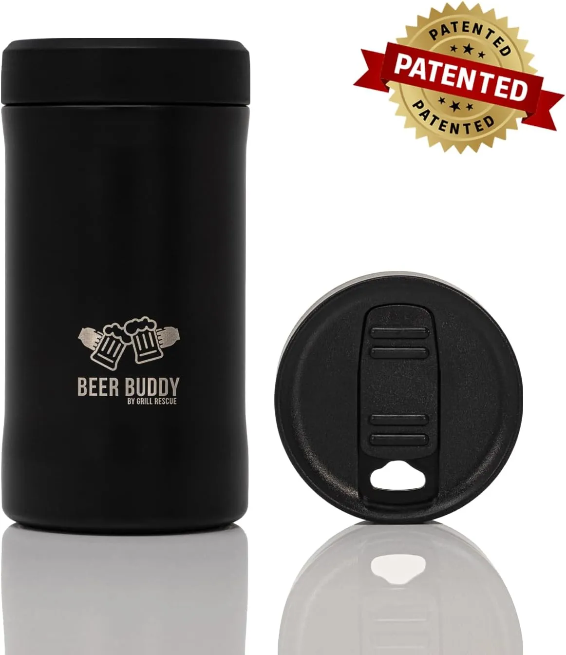 Grill Rescue Insulated Drink Buddy Can Holder – Vacuum-Sealed Stainless Steel for 12oz regular or slim cans & bottles - Double Walled Beverage Insulator for Hard Seltzer and More (Matte Black)
