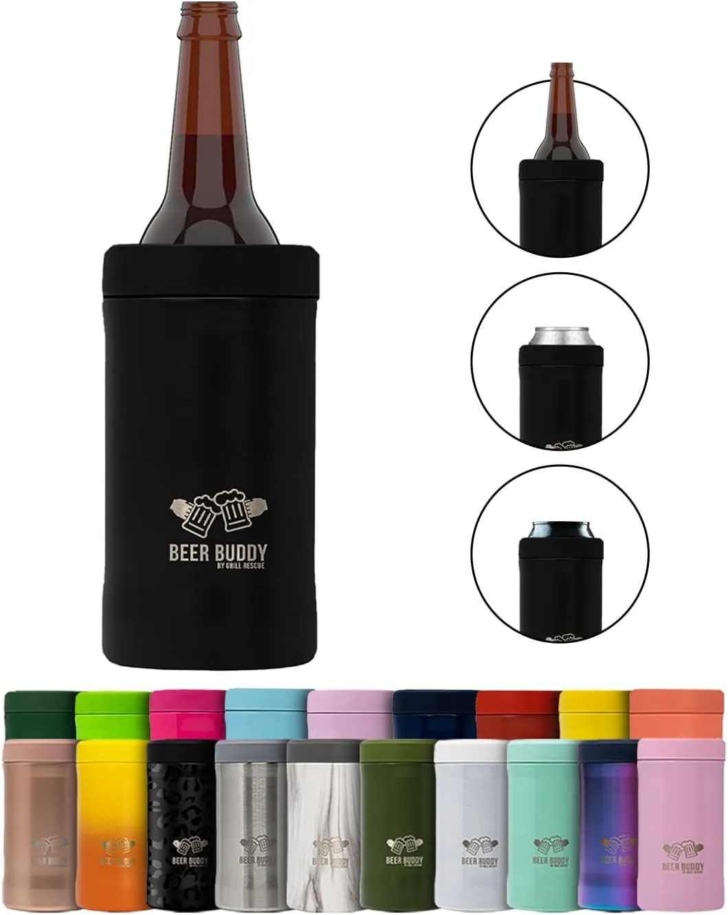 Grill Rescue Insulated Drink Buddy Can Holder – Vacuum-Sealed Stainless Steel for 12oz regular or slim cans & bottles - Double Walled Beverage Insulator for Hard Seltzer and More (Matte Black)
