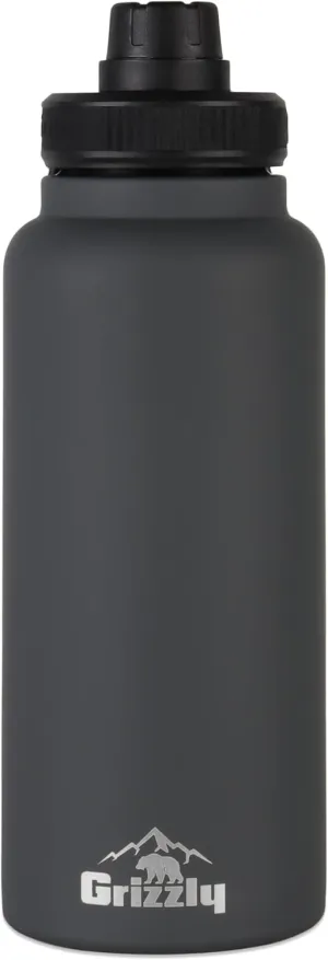 Grizzly 30oz Water Bottle, Vacuum Insulated, Leak Resistant Lid, Stainless Steel, For Gym Hiking Beach Sports Camping, Stealth Gray