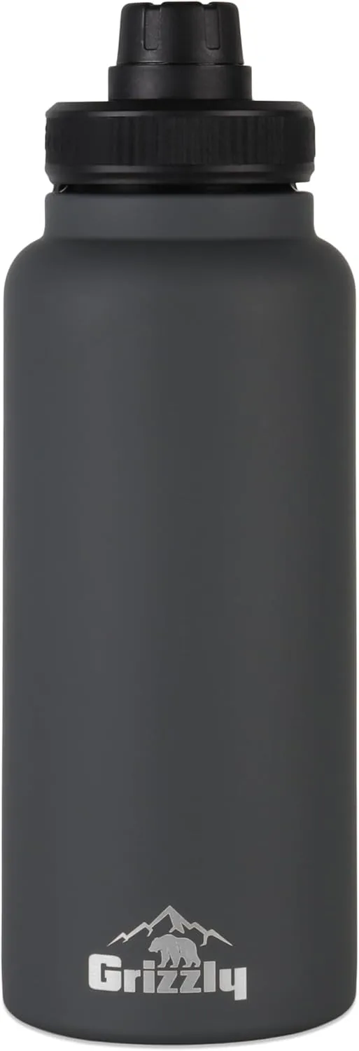 Grizzly 30oz Water Bottle, Vacuum Insulated, Leak Resistant Lid, Stainless Steel, For Gym Hiking Beach Sports Camping, Stealth Gray