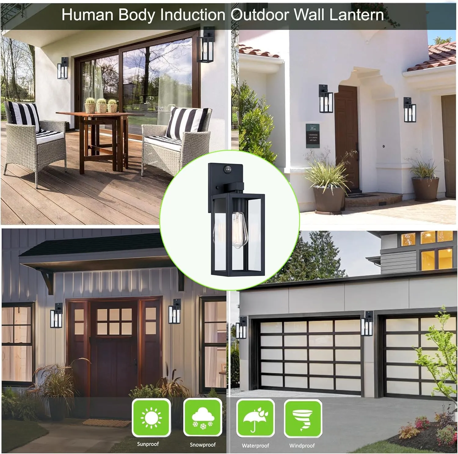 GRUENLICH Dusk to Dawn Large Outdoor Wall Lantern, PIR Motion Sensor Wall Sconce, E26 Base Max 60W, Metal Housing Plus Glass, Matte Black Finish, Bulb Not Included, 2-Pack