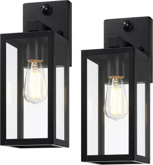 GRUENLICH Dusk to Dawn Large Outdoor Wall Lantern, PIR Motion Sensor Wall Sconce, E26 Base Max 60W, Metal Housing Plus Glass, Matte Black Finish, Bulb Not Included, 2-Pack