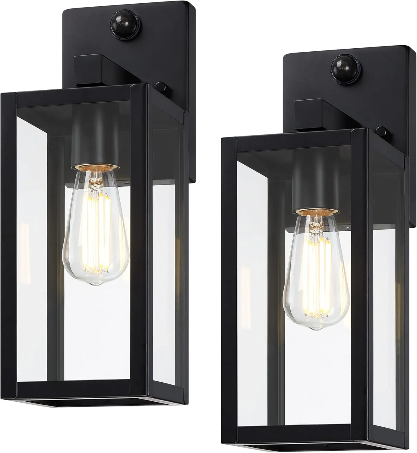 GRUENLICH Dusk to Dawn Large Outdoor Wall Lantern, PIR Motion Sensor Wall Sconce, E26 Base Max 60W, Metal Housing Plus Glass, Matte Black Finish, Bulb Not Included, 2-Pack