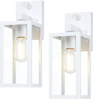 GRUENLICH Dusk to Dawn Large Outdoor Wall Lantern, PIR Motion Sensor Wall Sconce, E26 Base Max 60W, Metal Housing Plus Glass, White Finish, Bulb Not Included, 2-Pack