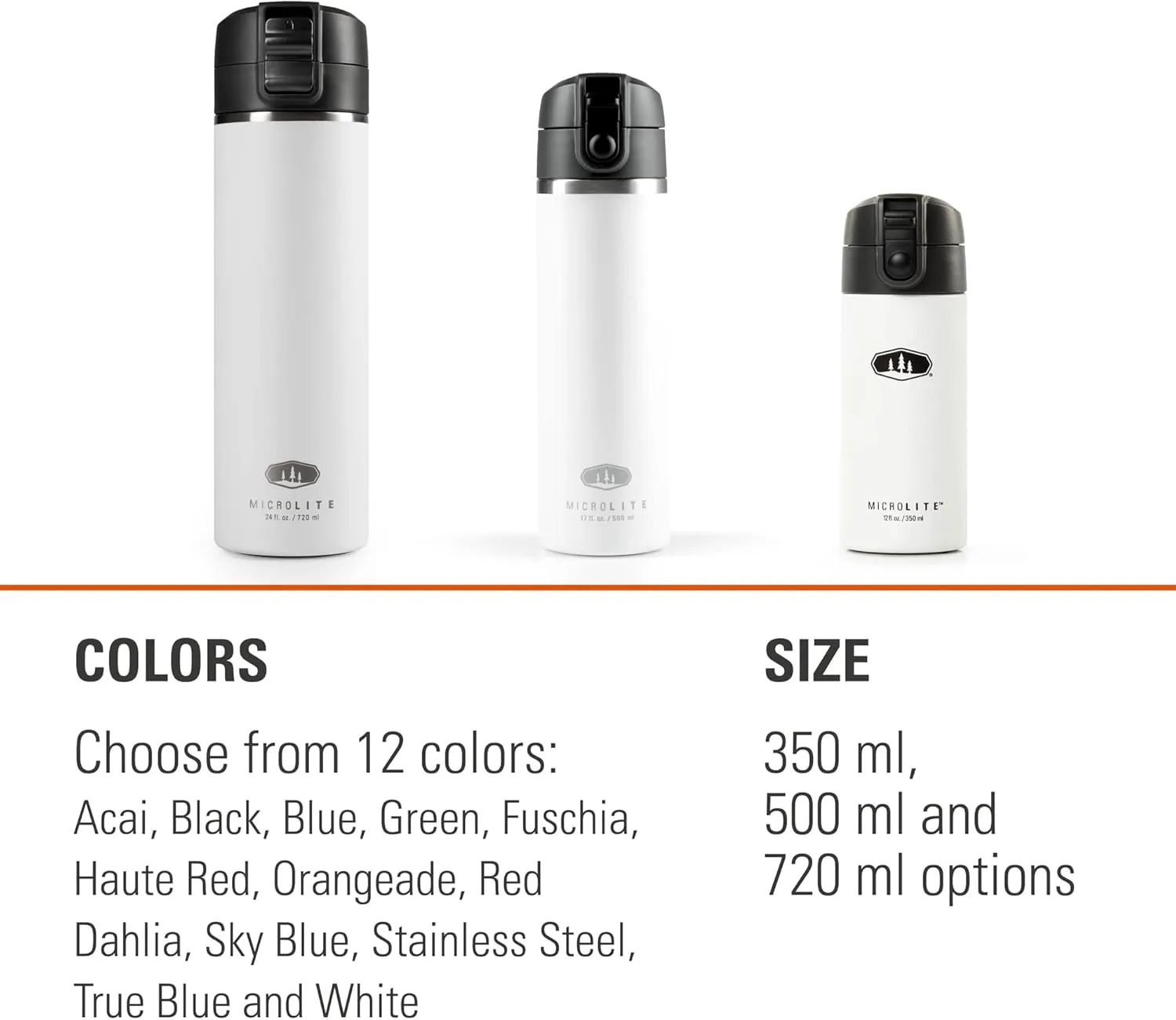 GSI Outdoors, Microlite Water Bottle, Vacuum-Insulated Stainless Steel, for Camping, White, 12 Fluid Ounces