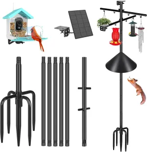 Gtongoko Squirrel Proof Smart Bird Feeder Pole for Outdoors - 107 Inch Tall Bluebird House With 2 Platforms and 8 Hooks - 1 Inch Diameter Adjustable Heavy Duty Mounting Pole Black