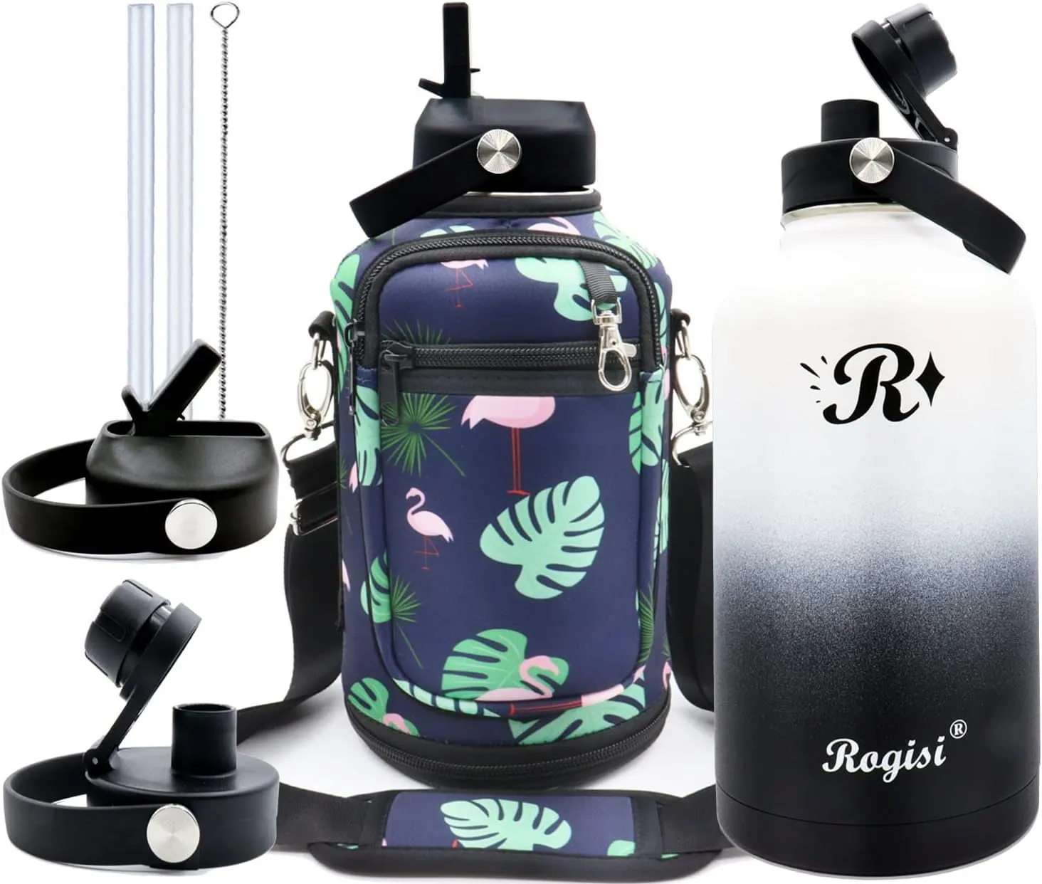 Half Gallon/ 64oz Water Bottle with Straw and Sleeve Insulated, Wide Mouth Stainless Steel Big Gallon Water Jug, Keep Cold for 48 Hrs or Hot for 24 Hrs Vacuum Metal Thermos Mug with Handle