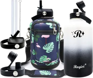 Half Gallon/ 64oz Water Bottle with Straw and Sleeve Insulated, Wide Mouth Stainless Steel Big Gallon Water Jug, Keep Cold for 48 Hrs or Hot for 24 Hrs Vacuum Metal Thermos Mug with Handle