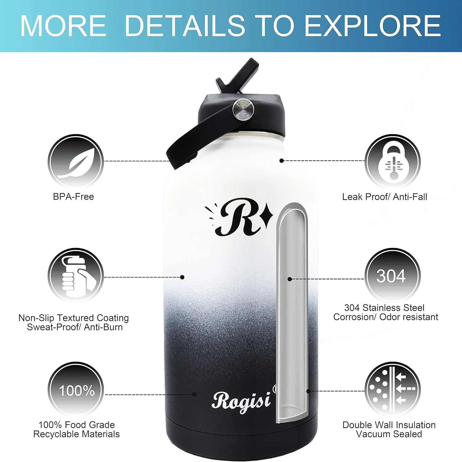 Half Gallon/ 64oz Water Bottle with Straw and Sleeve Insulated, Wide Mouth Stainless Steel Big Gallon Water Jug, Keep Cold for 48 Hrs or Hot for 24 Hrs Vacuum Metal Thermos Mug with Handle