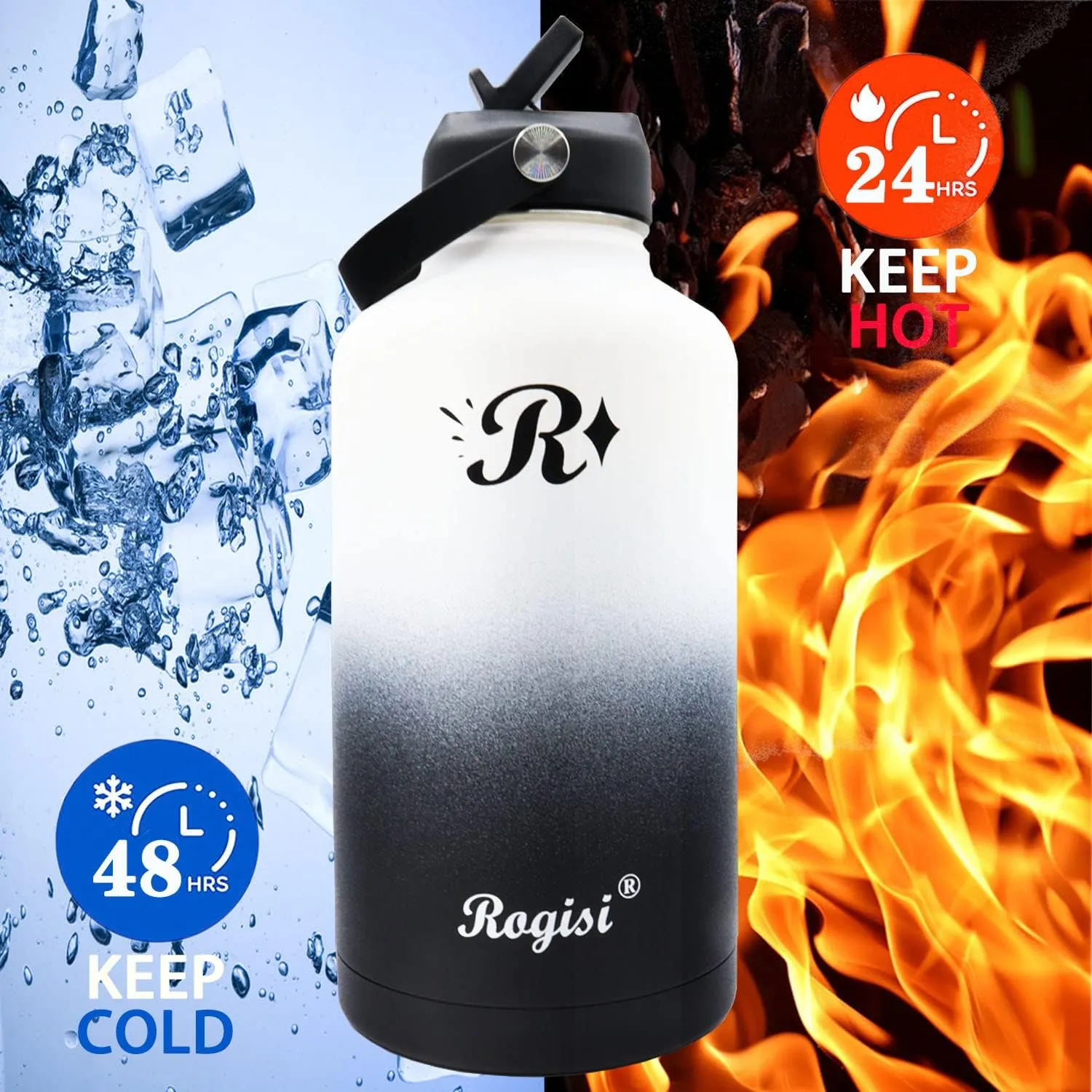 Half Gallon/ 64oz Water Bottle with Straw and Sleeve Insulated, Wide Mouth Stainless Steel Big Gallon Water Jug, Keep Cold for 48 Hrs or Hot for 24 Hrs Vacuum Metal Thermos Mug with Handle