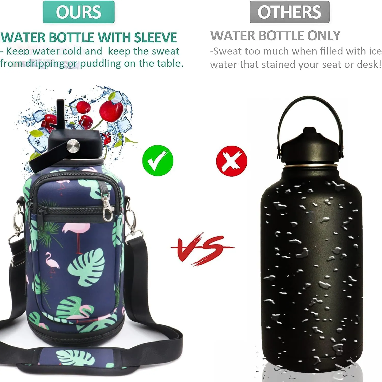 Half Gallon/ 64oz Water Bottle with Straw and Sleeve Insulated, Wide Mouth Stainless Steel Big Gallon Water Jug, Keep Cold for 48 Hrs or Hot for 24 Hrs Vacuum Metal Thermos Mug with Handle