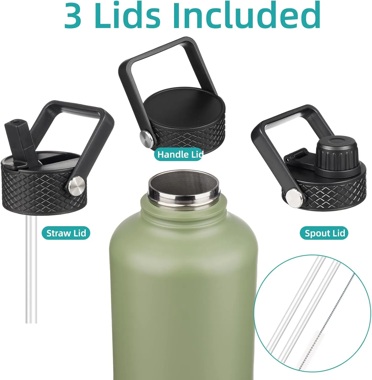 Half Gallon Insulated Water Bottle with Straw,64 oz 3 Lids Water Jug with Carrying Bag,Paracord Handle, Double Wall Vacuum Stainless Steel Metal Flask,Camp Green