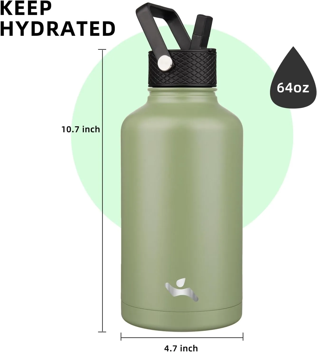 Half Gallon Insulated Water Bottle with Straw,64 oz 3 Lids Water Jug with Carrying Bag,Paracord Handle, Double Wall Vacuum Stainless Steel Metal Flask,Camp Green