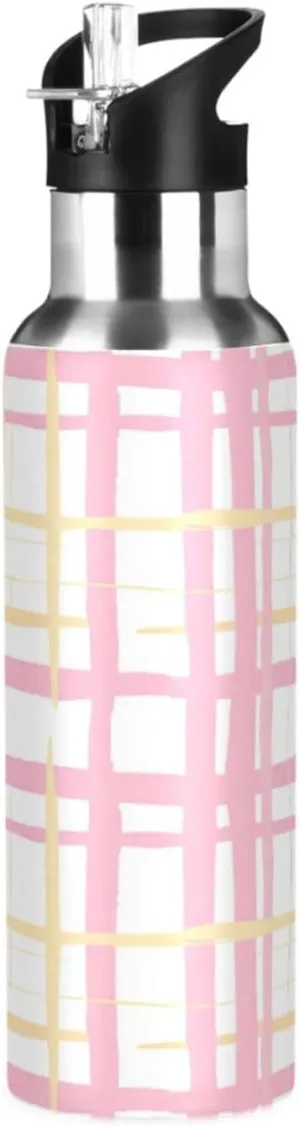 Hand-drawn Plaid Sports Water Bottle with Straw, 22oz BPA Free Stainless Steel Vacuum Insulated Bottle for Gym Fitness Outdoor