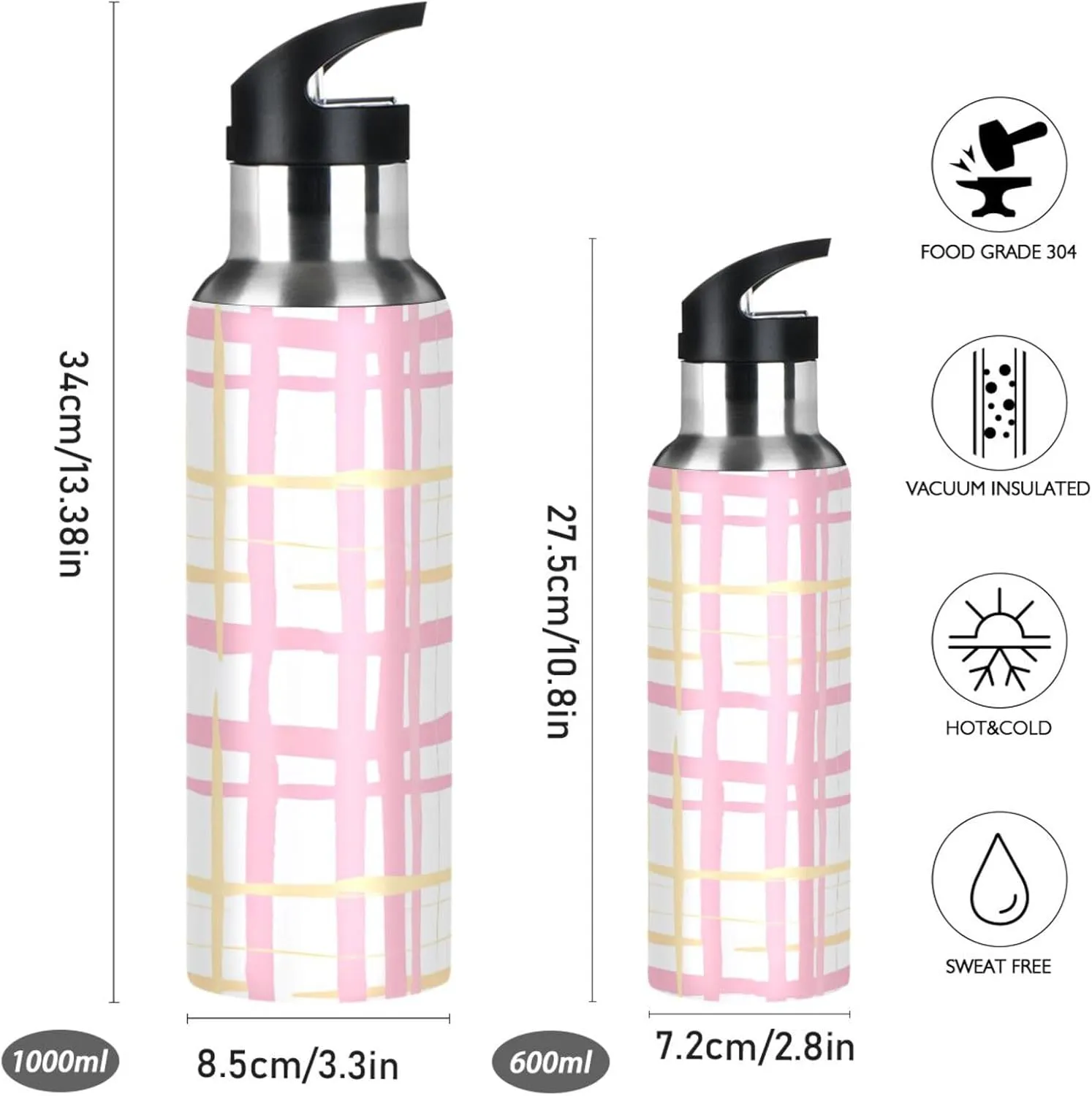 Hand-drawn Plaid Sports Water Bottle with Straw, 22oz BPA Free Stainless Steel Vacuum Insulated Bottle for Gym Fitness Outdoor