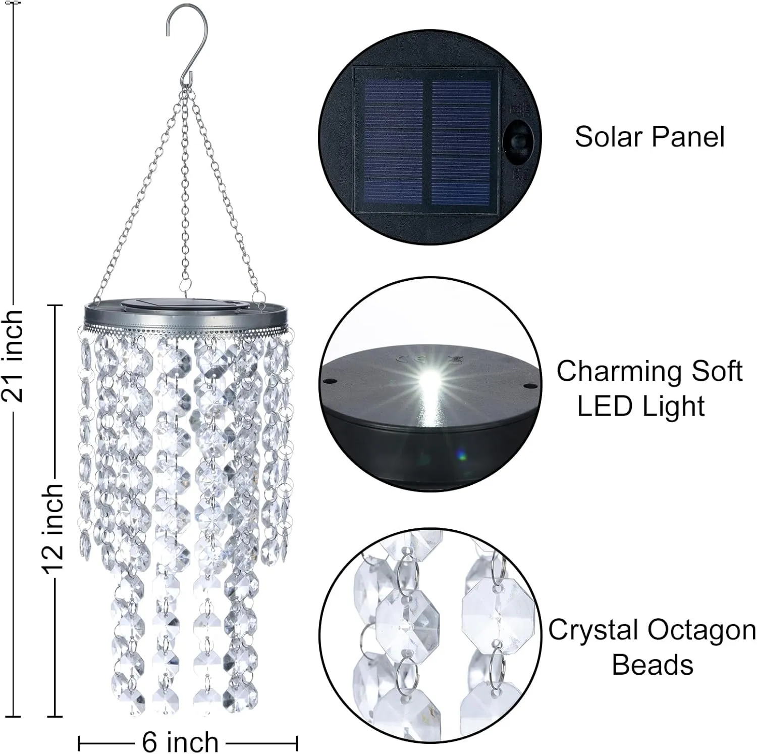 Hanging Solar Crystal Chandelier Outdoor, 21” Modern Solar Transparent Acrylic Beaded Lantern with Cool White LED S Hooks for Garden Yard Patio Gazebo Outside Decor