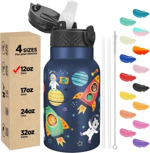 Han's Bottle Kids Water Bottle with Straw Lid - Insulated Stainless Steel Reusable Tumbler for Girls,Boys,Thermo Mug,12oz,Cosmic Animals