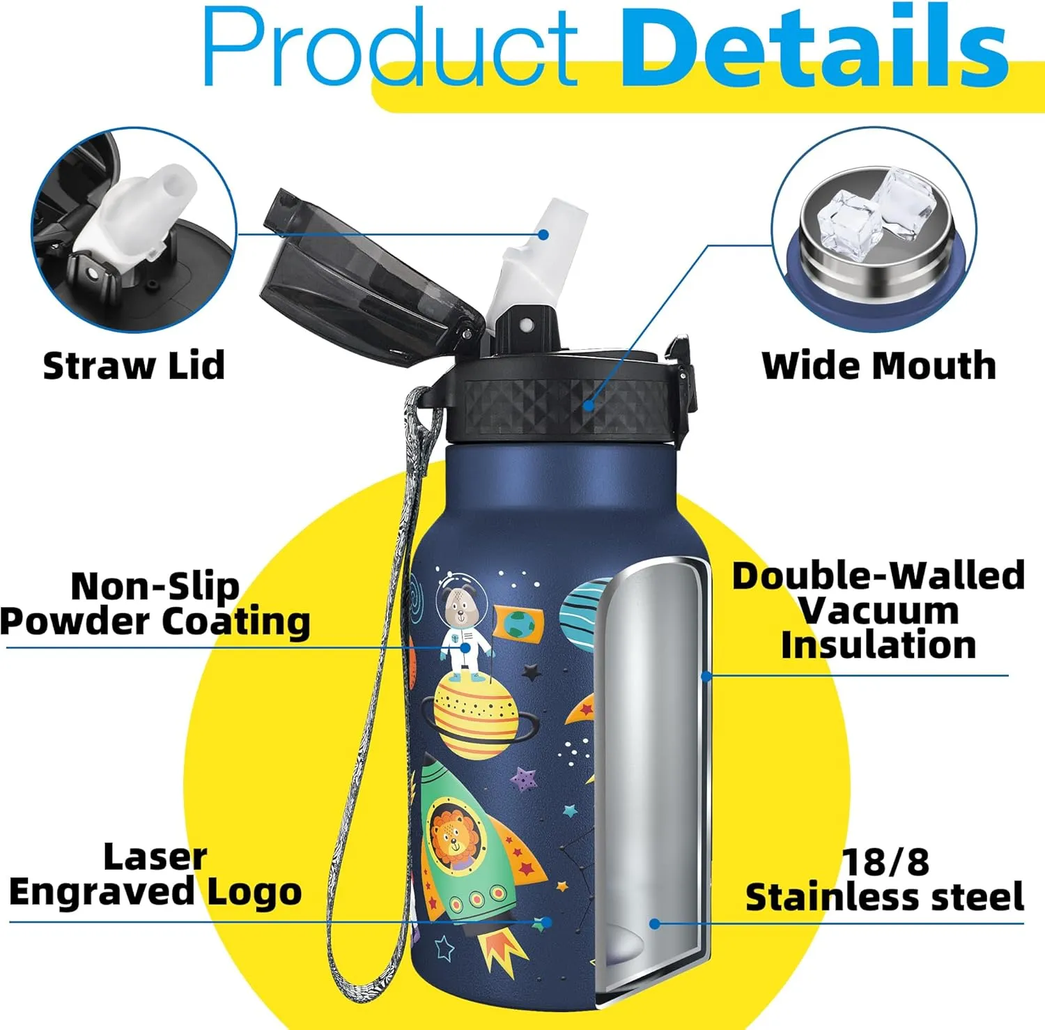 Han's Bottle Kids Water Bottle with Straw Lid - Insulated Stainless Steel Reusable Tumbler for Girls,Boys,Thermo Mug,12oz,Cosmic Animals